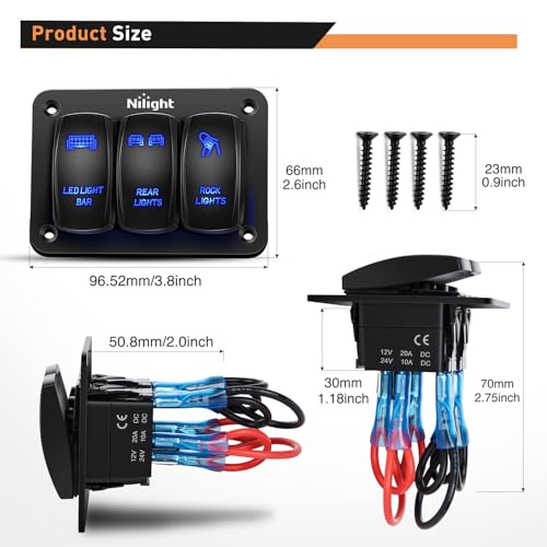 Nilight - 90105C 3 Gang Aluminum Rocker Switch Panel 5 Pin ON/Off Pre-Wired Toggle Switch Panel With Rocker Switch Holder 12/24V for Marine Boat Car ATV UTV, 2 Years Warranty,Blue - color: Blue, size: 3 Gang