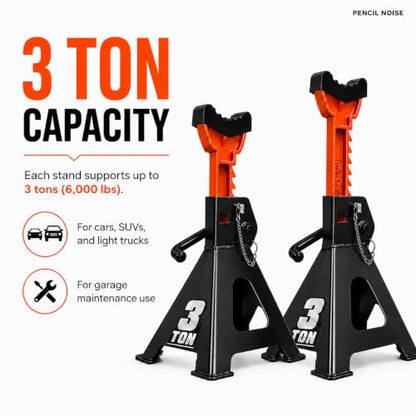 Jack Stands, 3 Ton Capacity with Rubber Cover and Large Foot Base, Double Locking Car Lifting Stand, Black Orange, 1 Pair - color: Black Orange(with rubber cover)