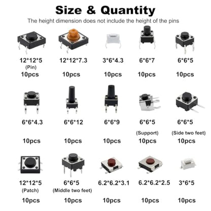 150Pcs 15 Values 2/4 Pins Tactile Push Button Switch Assortment Kit