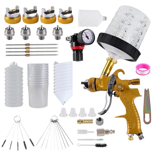 HVLP Spray Gun with 10Pcs 600ML Disposable Paint Cups, 4 Nozzles,1.4/1.7/2.0/2.5mm， Air Compressor Regulator, Disposable Cups Automotive Gravity Spray Paint Gun for Auto Paint(Gold)