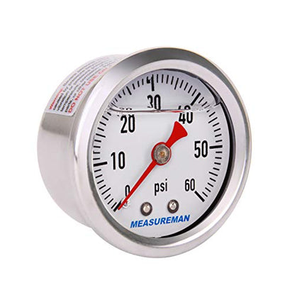 MEASUREMAN 1.5" Dial Size, 304 Stainless Steel case, Liquid Filled Fuel Pressure Gauge, 0-60Psi, 3-2-3%, 1/8" NPT Center Back Mount - size: 0-60 psi, style: Back Mount