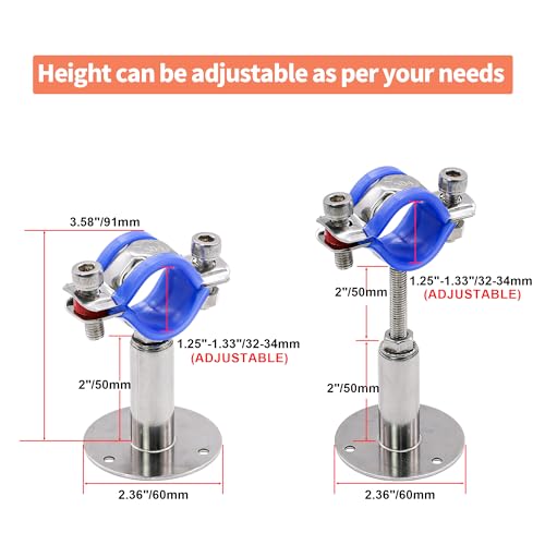 AKIHISA 2 Pcs 304 Stainless Steel Pipe Supports, Wall Mount Ceiling Mount Pipe Hanger, Pipe Holder for OD Pipe 32-34MM Adjustable Height Range 50-100mm - size: 32-34mm, style: Adjustable Height 50-100mm