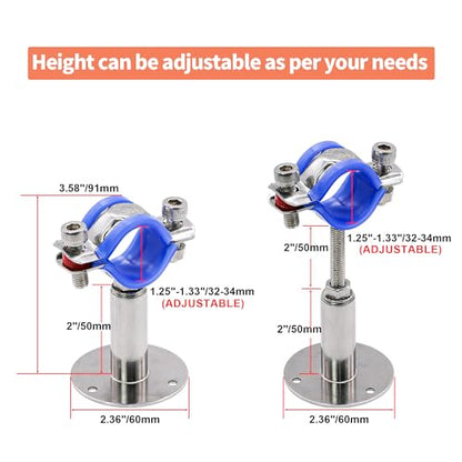 AKIHISA 2 Pcs 304 Stainless Steel Pipe Supports, Wall Mount Ceiling Mount Pipe Hanger, Pipe Holder for OD Pipe 32-34MM Adjustable Height Range 50-100mm - size: 32-34mm, style: Adjustable Height 50-100mm