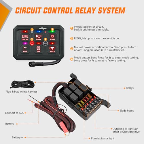 Nilight 6 Gang Switch Panel Red 12V 60A Circuit Control Relay System 4-Mode - color: Red, size: 6 Gang Switch 4 Modes