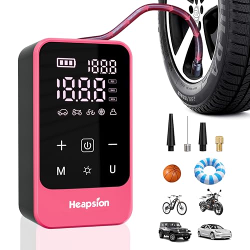 Heapsion Tire Inflator Portable Air Compressor, Air Pump for Car Tires with Digital Pressure Gauge, Auto Shut-Off and LED Light, 150 PSI Cordless Pump for Car, Motorcycle, Bicycle, Ball, Pink - color: Pink