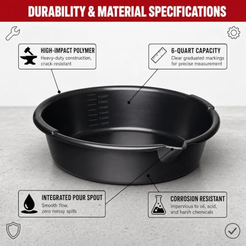 Oil Drain Pan 7-Quart Waste Automotive Fluid Change Container with Built-in Scale, Leak-Proof Spout and Splash Guard for Easy Car Maintenance