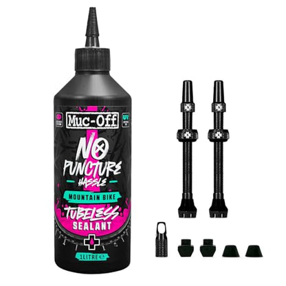 Muc-Off 1 Liter Tubeless Tire Sealant + 60mm Black Presta Valve - Bundle | Seals Punctures Up to 6mm | Ideal for MTB | Long-Lasting and Biodegradable - size: 1000ml & 60mm Valves