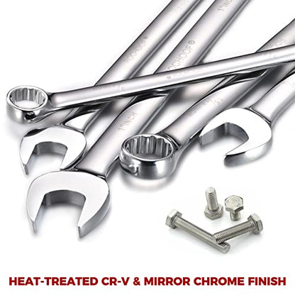 Combination Wrench Set,32-Piece Chrome Vanadium Steel Wrench Set 12-Point SAE & Metric Wrenches 1/4"-1" and 7-22mm with Rolling Pouch - size: (Pack of 1)
