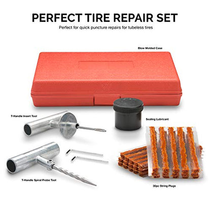 Tooluxe 50002L -35 Piece Tire Repair Universal Heavy Duty Tire Repair Kit with Plugs, Fix A Flat Tire Repair Kit, Ideal for Tires on Cars, Trucks, Motorcycles, ATV Roadside Emergency, Tire Plug Kit - size: 35 Piece Repair Kit