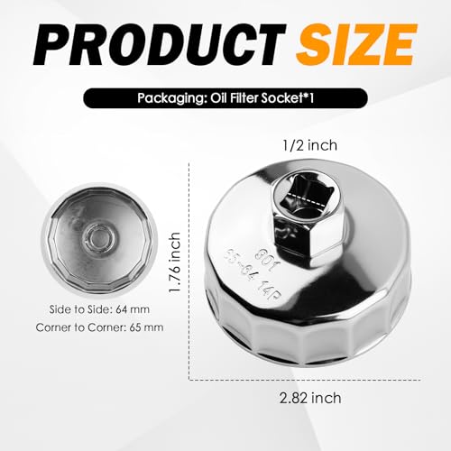 64mm to 65mm Oil Filter Wrench with 14 Flute,Heavy Duty Oil Filter Removal Tool Compatible with Acura Nissan Xterra Honda,1/2" Drive Oils Filters Tool Automotive Tools