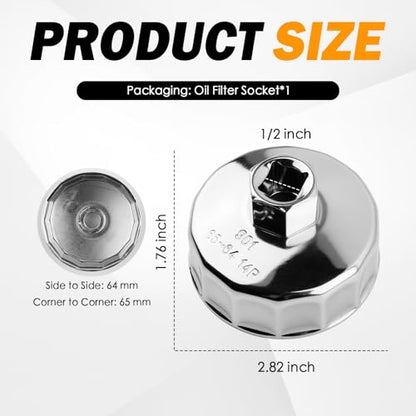64mm to 65mm Oil Filter Wrench with 14 Flute,Heavy Duty Oil Filter Removal Tool Compatible with Acura Nissan Xterra Honda,1/2" Drive Oils Filters Tool Automotive Tools