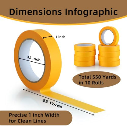TYI Orange Masking Tape - 1 Inch x 55 Yards - Premium Painter's Tape for Clean Lines, Easy Removal, High Visibility, and Multi-Surface Use - Ideal for Painting, Crafting, and Automotive Detailing - size: 10 Rolls x 1 inch x 55 Yards
