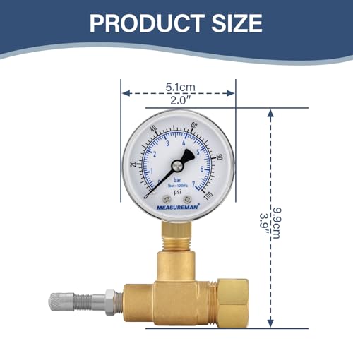 MEASUREMAN Air Over Water Test Regulator with Gauge, 2” Dial, 0-100 PSI, for Household Water Pipe Leak Detection, Includes 1/4” NPT Mount - size: 0-100 PSI