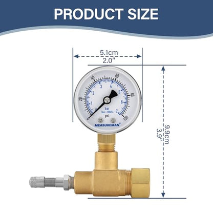 MEASUREMAN Air Over Water Test Regulator with Gauge, 2” Dial, 0-100 PSI, for Household Water Pipe Leak Detection, Includes 1/4” NPT Mount - size: 0-100 PSI