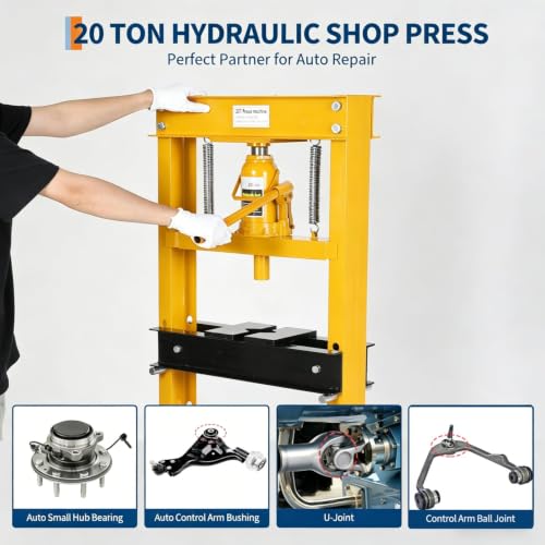 Heavy Duty 20 Ton Hydraulic H-Frame Shop Press, Adjustable Height - color: Yellow | with dust cover | 20T