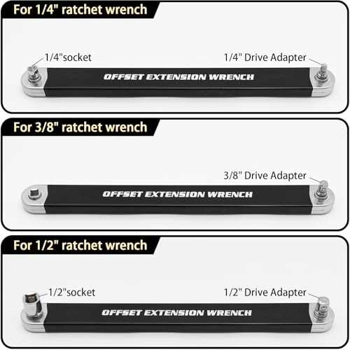 Offset Extension Wrench, Ratchet Extension Bar with 1/2", 1/4" and 3/8" Square Drive Adapters, Impact Wrench Extender for Access to Confined Fastener, Ratchet Extenders Tool with 3 Adapters Socket - color: Black