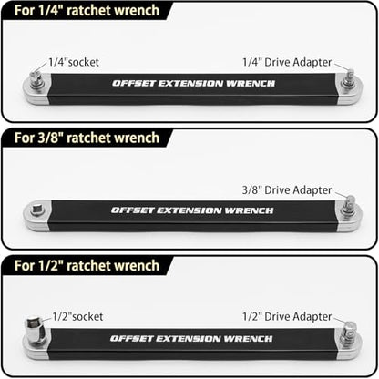 Offset Extension Wrench, Ratchet Extension Bar with 1/2", 1/4" and 3/8" Square Drive Adapters, Impact Wrench Extender for Access to Confined Fastener, Ratchet Extenders Tool with 3 Adapters Socket - color: Black