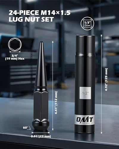 OMT M14x1.5 Spike Lug Nuts, 24pcs Lug Nuts Set with 1 Socket Key - color: Black, size: M14x1.5, style: 24Pcs Spike Hex Tuner