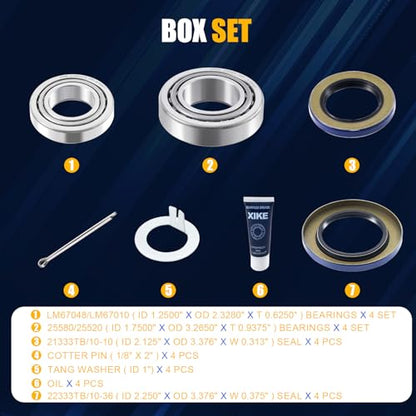 XiKe 25580 25520 & LM67048 LM67010 Trailer Bearings Wheel Hub Kit, 4 Sets - size: 25580/20 ＆ LM67048/10 + Seal ID 2.125'' ＆ 2.250'', style: Pack 4 Set