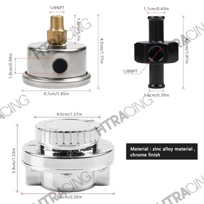 1-5 PSI Fuel Pressure Regulator with Gauge Adjustable Manual Universal for Carburetor Carb Zinc Alloy FPR with 8MM 10MM (5/16" 3/8") Hose Fittings