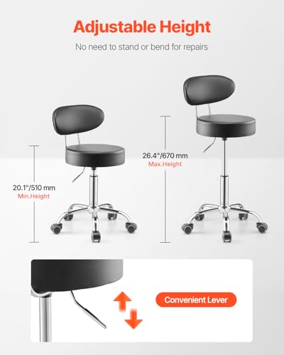 VEVOR Shop Stool with Backrest, Pneumatic Height Adjustable Garage Seat, 300 lbs Load, Roller Creeper Seat, 360 Swivel Padded Workshop Stool, Black - style: with Backrest and Casters