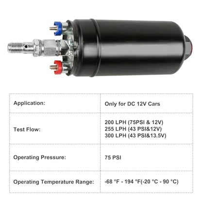 Universal External Inline Fuel Pump Electric High Flow 300LPH 12V with Mounting Bracket Clamp Black