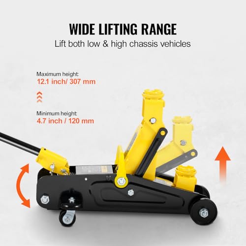 VEVOR Low Profile Floor Jack 1.5 Ton (3300 lbs), Heavy Duty Iron Hydraulic Racing Floor Jack, Hydraulic Car Jack, Single Piston Quick Lift Pump, 4.7"-12.1" Height Lifting Range (Yellow) - size: 1.5T