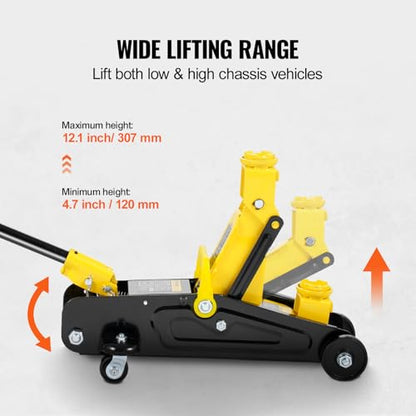 VEVOR Low Profile Floor Jack 1.5 Ton (3300 lbs), Heavy Duty Iron Hydraulic Racing Floor Jack, Hydraulic Car Jack, Single Piston Quick Lift Pump, 4.7"-12.1" Height Lifting Range (Yellow) - size: 1.5T
