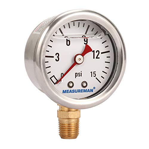 MEASUREMAN 1-1/2" Dial Size, Glycerin Filled Fuel Pressure Gauge, 304 Stainless Steel case, 0-15Psi, +/-3-2-3%, 1/8" NPT Lower Mount - size: 0-15 psi, style: Lower Mount