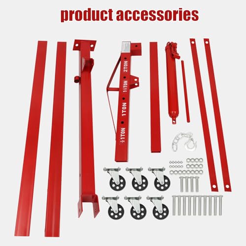 2 Ton Folding Hydraulic Engine Hoist Crane Hoist Lift, Cherry Picker Shop Crane Hoist Lift, 4409lb Engine Hoist, Heavy Duty Folding Shop Crane with 6 Casters (Sent in 2 Packages, Red)