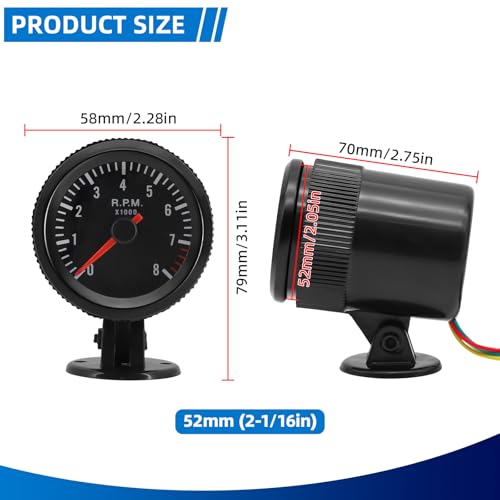 MH 2-1/6 inch (52mm) Tachometer 8000 RPM Gauge with Holder White Backlight Tach for 12V AUTO