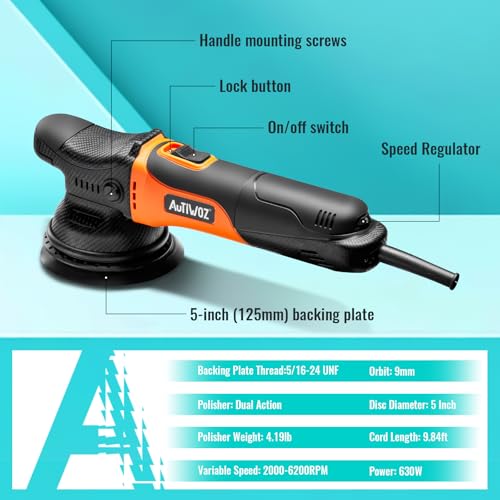 AUTIWOZ 5 Inch DA Polisher for Car Detailing, 9mm Random Orbital Polisher Buffer, 6 Speeds 2000-6200RPM, 630W Auto Polishing Machine for Car Polishing, Waxing, Sanding, W01