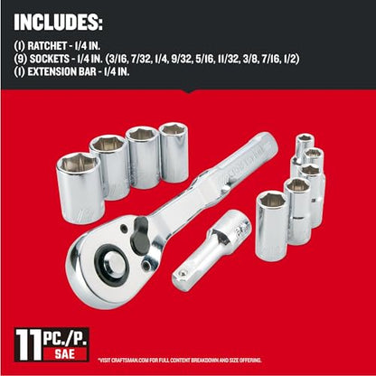 CRAFTSMAN Mechanics Tool Set, SAE, 1/4 Inch Drive, 11 Piece, 90-Tooth (CMMT34870) - size: 1/4 in (Pack of 1)