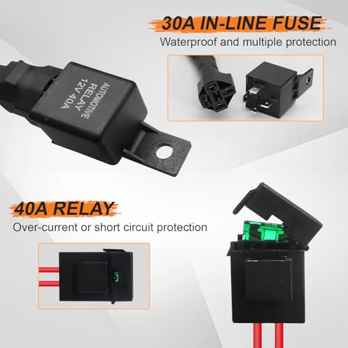 DZG Motorcycle LED Light Wiring Harness Kit 12V 2 Leads 30A in-Line Fuse