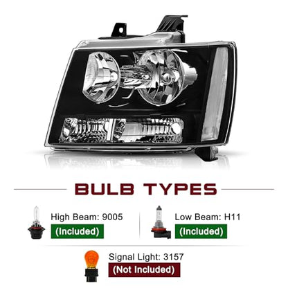 JSBOYAT Headlight with Bulbs Fit 2007-2014 Chevy Tahoe Suburban Avalanche - color: Black Housing with Clear Reflector, size: w/ 9005&H11 Bulbs