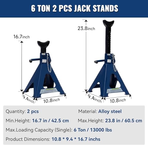 6 Ton (13,000 lbs) Heavy Duty Steel Jack Stands, Double Locking Adjustable Car Jack Stands with Wide Pyramid Base & Large Saddle, 16.7"- 23.8" Lifting Height for SUVs, Trucks & Cars, 2 Pair - size: 2 Pairs