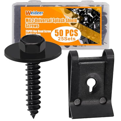 weideer 50PCS M4.2 Universal Fender Liner Screw U Nut Kit,Engine Splash Shield Hex Head Screw U Clips,Automotive Body Screws Clips (25sets) - color: BK-M4.2 U Clips+Screws