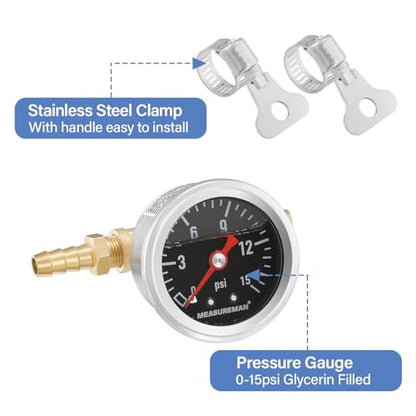MEASUREMAN Fuel Pressure Gauge Kit 0-15Psi Stainless Steel Glycerin Filled, 1-1/2" Black Dial Size, with 5/16" Fuel Line Fuel Pressure Brass T-Fitting Adapter, Center Back Mount - size: 0-15 psi, style: Back Mount T-Fitting Adapter (Black Dial)