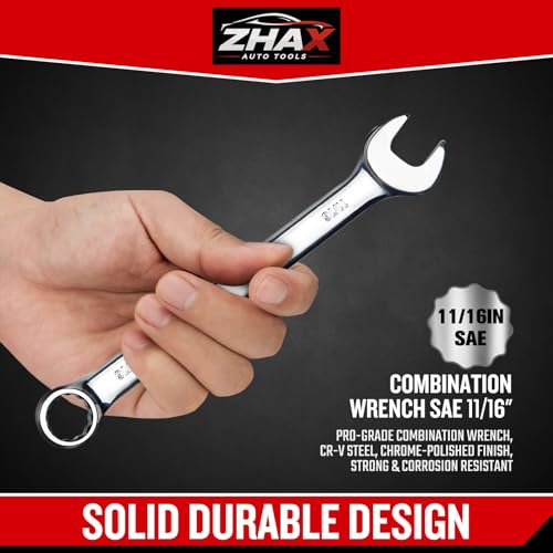zhax 11/16" SAE Combination Wrench, 12 Point Box End, 15 Degree Offset Design, Mirror Polish Finish, Forged CR-V Steel, Hand Tools for Mechanics, Ideal for Auto and Home Repair - size: 11/16"