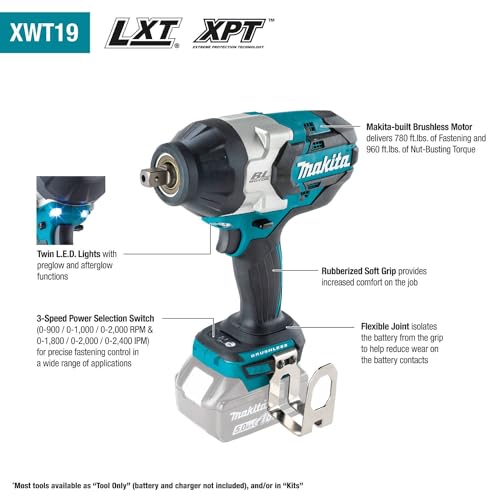 Makita XWT19Z 18V LXT® Lithium-Ion Brushless Cordless 3-Speed 1/2" Sq. Drive Impact Wrench w/Detent Anvil, Tool Only - style: Impact Wrench Only