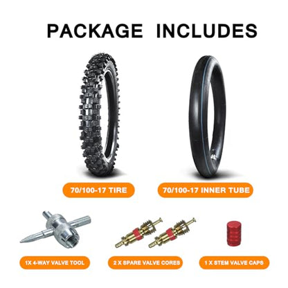 HOLATO Front 70/100-17 2.75-17 Tire and Inner Tube for KLX125 KLX140 KX85 TTR125 YZ80 YZ85 RM80 CR80 CT90 DRZ125 TaoTao DB17 Apollo RFZX18 Coolster Dirt Pit Bike Off Road Motocross Heavy Duty - size: 70/100-17 Tire