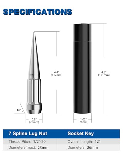 GAsupply 1/2-20 Spike Lug Nuts Spline, Chrome 4.4" Tall Conical Seat, 20pcs - color: Silver, size: 1/2"-20, style: 20 Pack - Spline