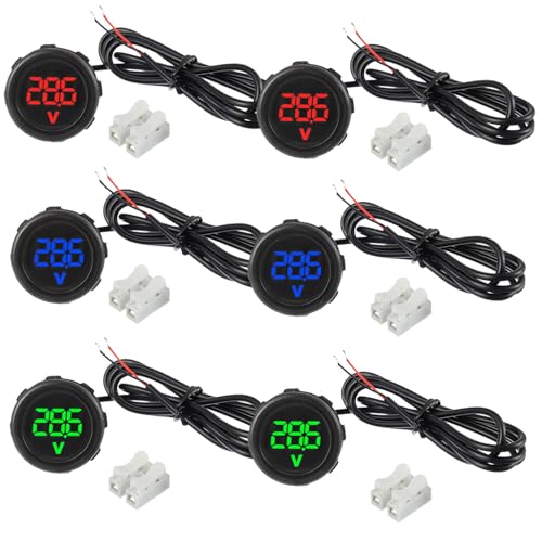 6 Pieces Waterproof DC 4V-100V Voltmeter Gauge (Red & Blue & Green) - color: Multicolored, size: Waterproof