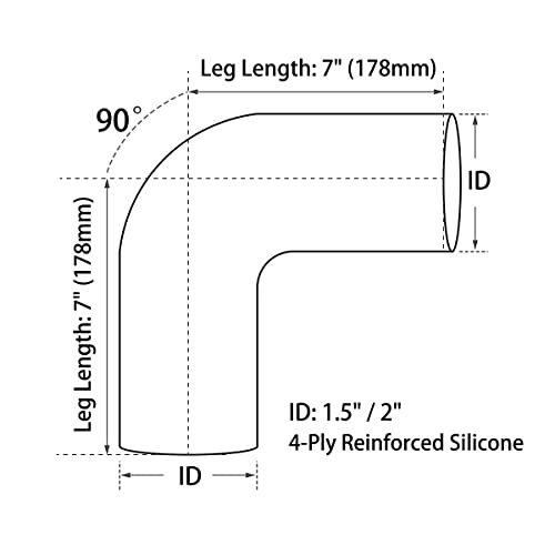 1.5" ID, 7" Leg Length 90 Degree Elbow Silicone Coupler Hose, 4-Ply Reinforced Universal Silicone Pipe Hose Turbo Intake Tube Intercooler Piping Black - color: Black, size: 1.5" ID