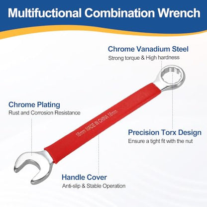 HARFINGTON 2Pcs Metric Combination Wrench 18mm 12-Point Box & Open End CR-V - size: 18mm