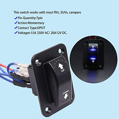 weideer 20A 12V Polarity Reversing Momentary Rocker Switch DC Motor Control 7Pin Up Down Blue LED Winch in/Out Switch with Aluminum Plate Screw Pigtail Wire K-053 - color: BU-UP DOWN 7 pin, size: Momentary