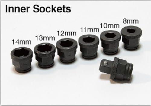 SHINANO SI1288 3/8" Pneumatic Mini Thru Ratchet Set - 6 Sockets (8-14mm), 45Nm, Made in Japan - For Tight Spaces, Engine Work