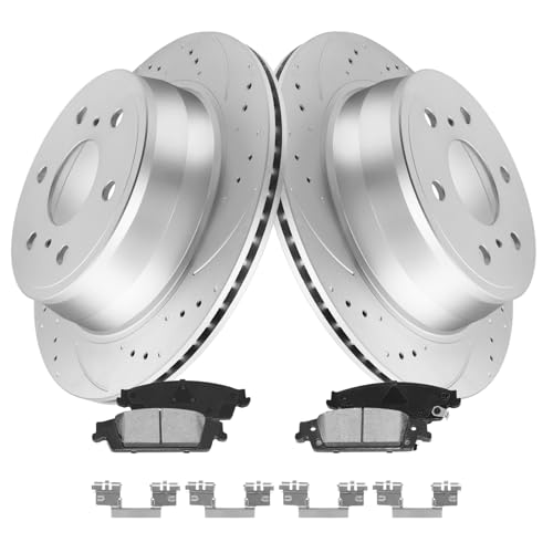 MOTOREVO Rear Brake Pads and Rotors Kit Compatible with Silverado 1500 [ 2014-2018 ], High-Carbon Alloy Drilled & Slotted Discos de Frenos Delanteros [ 13.6in, App Specific ] [ 4WD; RWD ] - color: Rear, size: Rear 2014-2018 345mm 4WD;RWD
