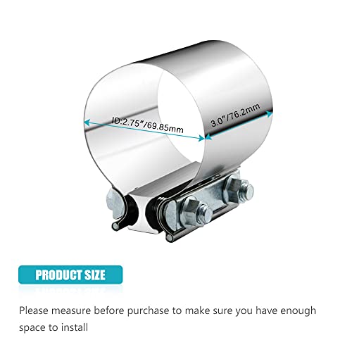 2.75" 2.75 Inch Exhaust Clamp Butt Joint Band Clamp Sleeve Coupler Stainless Steel 2 3/4 Inch for Exhaust Pipes, Mufflers and Catalytic Converters (2 PCS) - size: 2.75"