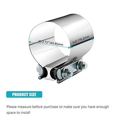 2.75" 2.75 Inch Exhaust Clamp Butt Joint Band Clamp Sleeve Coupler Stainless Steel 2 3/4 Inch for Exhaust Pipes, Mufflers and Catalytic Converters (2 PCS) - size: 2.75"